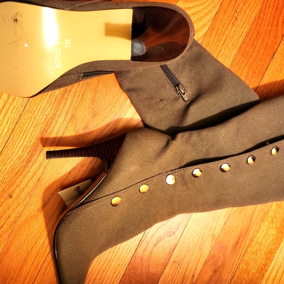 Shoes - Green Heeled Boots with High Heel and Studded Embellishments